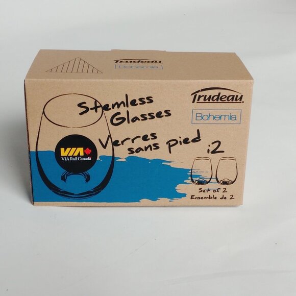 VIA RAIL Stemless Glasses PAIR TRUDEAU Bohemia Set of 2 BNIB European crystallin - Picture 8 of 15